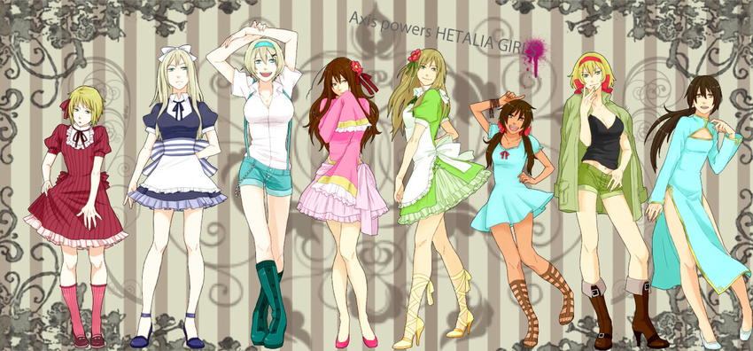 ankle_lace-up axis_powers_hetalia bad_id bad_pixiv_id belarus_(hetalia) belgium_(hetalia) blonde_hair boots china_dress chinese_clothes cross-laced_footwear dress hands high_heels hmr hungary_(hetalia) legs liechtenstein_(hetalia) long_hair maid multiple_girls open_mouth red_hair sandals seychelles_(hetalia) shoes short_hair taiwan_(hetalia) ukraine_(hetalia) vietnam_(hetalia)