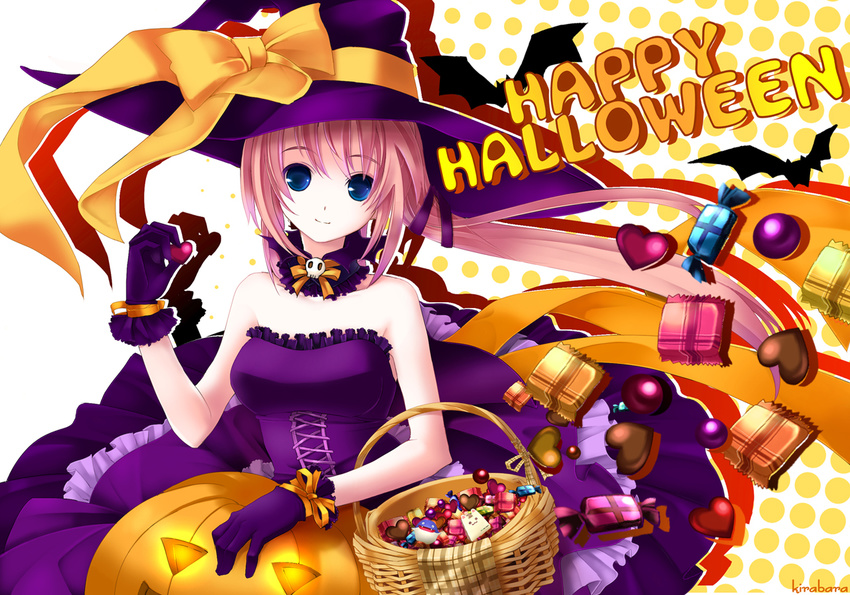 bad_id bad_pixiv_id basket bat blue_eyes bow candy chocolate chocolate_heart dress food frills gloves halloween hana_(pangya) happy_halloween hat heart jack-o'-lantern pangya pink_hair pumpkin ribbon smile solo witch_hat yuuki_kira