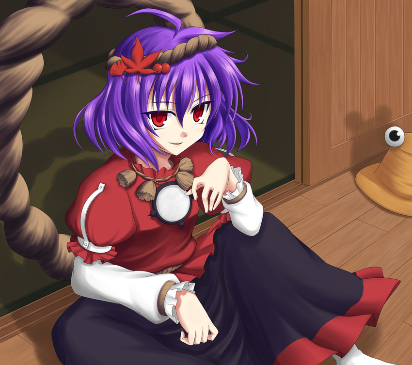 bluepony hair_ornament highres leaf_hair_ornament mirror purple_hair red_eyes rope shadow short_hair sitting smile solo tatami touhou yasaka_kanako