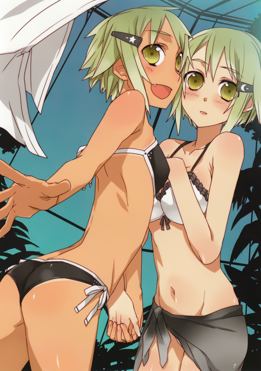 absurdres bikini blush bunbun foreshortening green_eyes green_hair hands highres holding_hands multiple_girls navel open_mouth original short_hair side-tie_bikini smile swimsuit