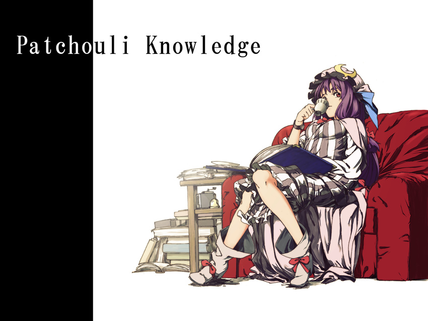 bad_id bad_pixiv_id book boots bow breasts chair character_name crescent cup drinking hat knees lefthand medium_breasts patchouli_knowledge purple_hair sitting solo striped touhou