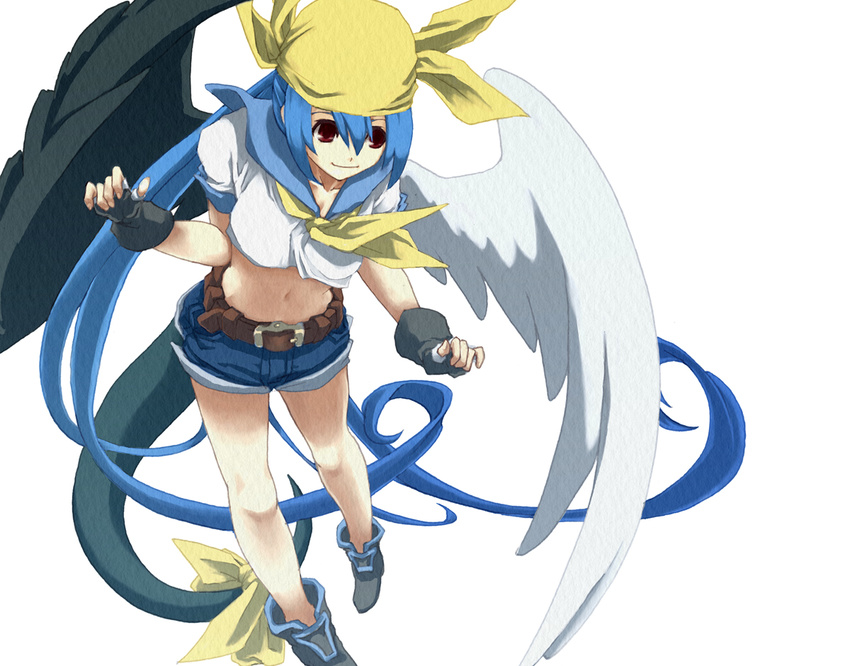 alternate_costume angel_wings asymmetrical_wings bad_id bad_pixiv_id bandana black_wings blue_hair blue_sailor_collar brown_eyes denim denim_shorts dizzy fingerless_gloves gloves guilty_gear midriff notequal ribbon sailor_collar shorts solo tail tail_ribbon wings