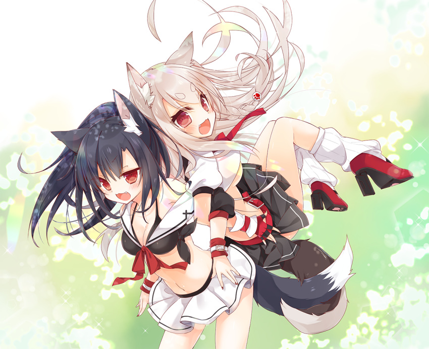 animal_ears azur_lane black_shirt black_skirt breasts cleavage commentary_request crop_top fingerless_gloves gloves mao_(alepricos) midriff multicolored multicolored_nails multiple_girls nail_polish navel pleated_skirt red_eyes school_uniform serafuku shigure_(azur_lane) shirt skirt tail underboob white_shirt white_skirt wolf_ears wolf_tail yuudachi_(azur_lane)