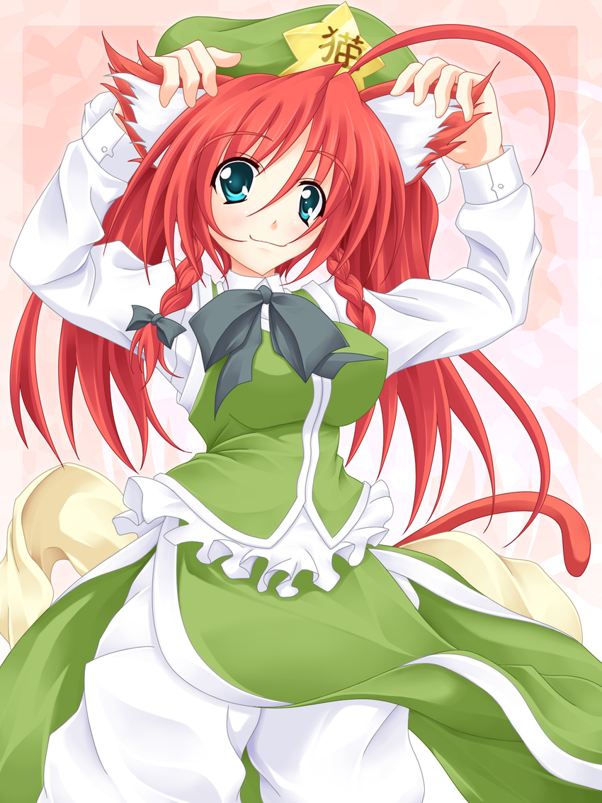 ahoge animal_ears blue_eyes braid cat_ears cat_tail china_dress chinese_clothes dress hat highres hong_meiling long_hair lozelia pants pants_under_dress red_hair solo tail touhou twin_braids
