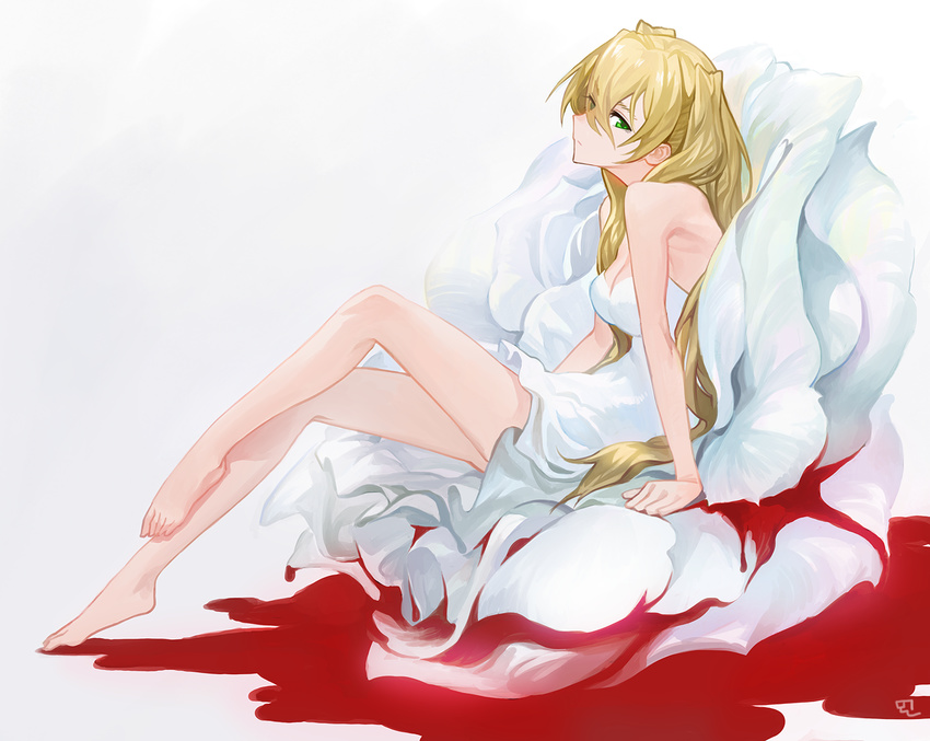 bare_legs bare_shoulders barefoot blonde_hair blood breasts cleavage dress feet green_eyes kekkai_sensen long_hair long_legs looking_at_viewer medium_breasts mossi sitting solo toe-point twintails white_(kekkai_sensen) white_dress