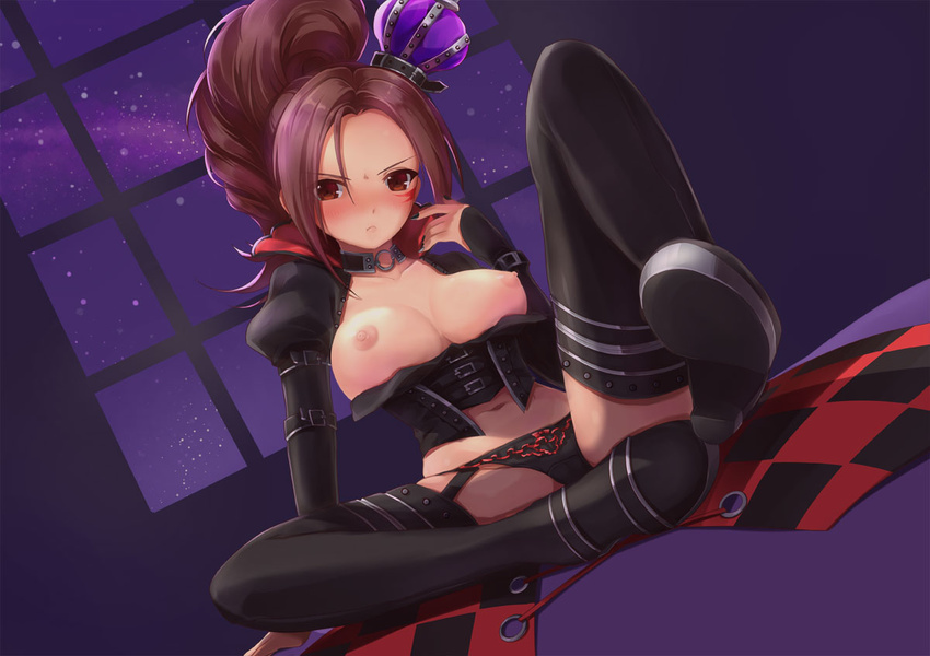 blush breasts brown_eyes brown_hair choker crown kaihime kittika_thaworn large_breasts long_hair looking_at_viewer mini_crown nipples ponytail sengoku_musou solo