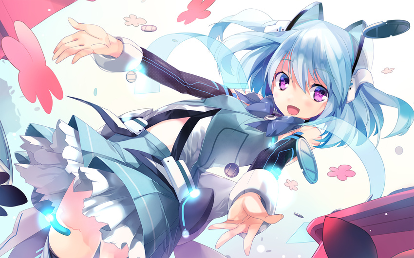 1girl animal_ears blue_hair cat_ears coin cowboy_shot detached_sleeves highres oizumi outstretched_arms purple_eyes short_hair skirt solo symbol-shaped_pupils taira_tsukune two_side_up