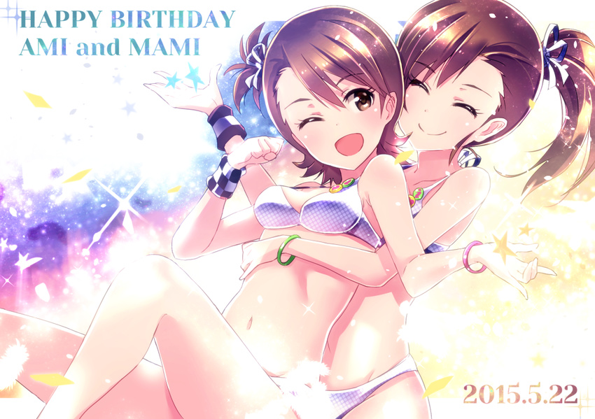 ;d ^_^ bangle bracelet brown_eyes brown_hair closed_eyes dated futami_ami futami_mami happy_birthday hug hug_from_behind idolmaster idolmaster_(classic) ima_(lm_ew) jewelry long_hair multiple_girls navel one_eye_closed open_mouth short_hair siblings side_ponytail sisters smile twins