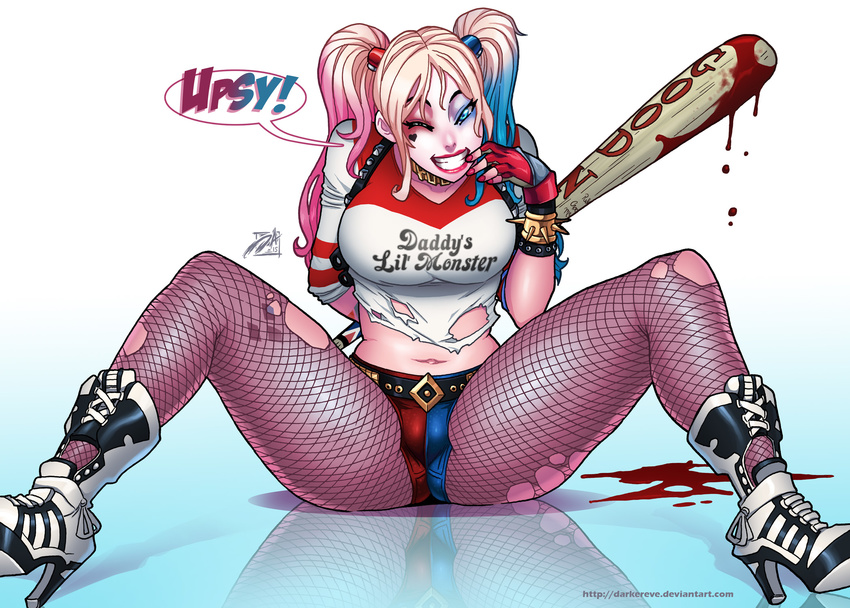 ;) arm_behind_back baseball_bat batman_(series) blonde_hair blood bloody_weapon blue_eyes blue_hair boots bracelet breasts cameltoe choker darwin_nunez dc_comics facial_tattoo fingerless_gloves fishnet_pantyhose fishnets full_body gloves gradient_hair harley_quinn high_heel_boots high_heels highres holster jewelry large_breasts legwear_under_shorts long_hair multicolored_hair nail_polish one_eye_closed pale_skin pantyhose pink_hair reflective_floor short_shorts shorts shoulder_holster sitting smile solo spiked_bracelet spikes spread_legs suicide_squad tattoo thighs torn_clothes torn_legwear twintails weapon