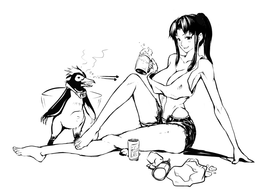 alcohol alternate_hairstyle areola_slip areolae barefoot beer beer_can beer_mug bird blush breasts can casual chips cleavage cup cutoffs drunk food greyscale grin holding holding_cup katsuragi_misato large_breasts long_legs midriff mikazuki_shigure monochrome navel neon_genesis_evangelion no_bra off_shoulder penguin penpen ponytail potato_chips short_shorts shorts sitting sketch smile toes