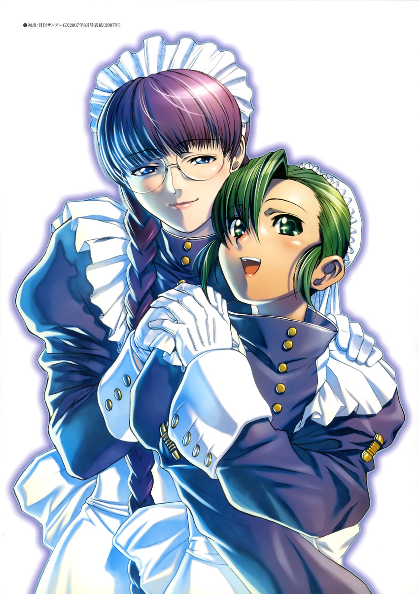 absurdres apron black_hair black_lagoon blue_eyes braid bun_cover buttons fabiola_iglesias glasses gloves green_eyes green_hair hair_bun hair_over_one_eye hair_over_shoulder height_difference highres hiroe_rei holding_hands lips long_hair maid maid_apron maid_headdress multiple_girls official_art open_mouth rimless_eyewear roberta_(black_lagoon) round_eyewear scan short_hair smile tan twin_braids white_gloves