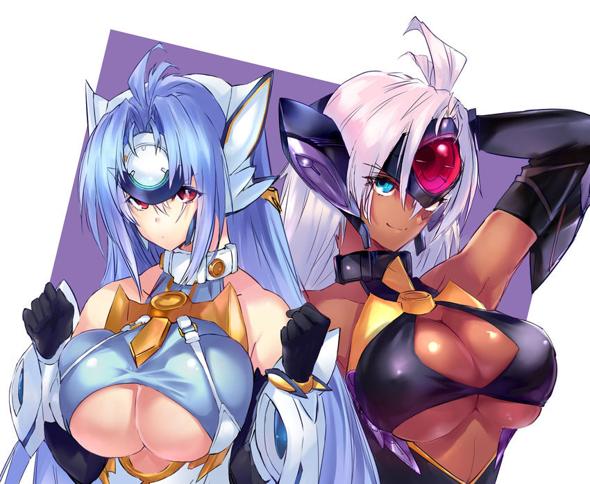 ahoge android blue_eyes blue_hair breasts cleavage cyborg dark_skin elbow_gloves gloves highres kos-mos large_breasts long_hair multiple_girls negresco red_eyes silver_hair t-elos underboob xenosaga xenosaga_episode_iii