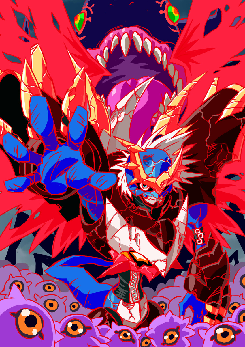 armagemon armor bandai broken_armor claws demon digimon digimon_adventure_02 digimon_adventures_02 dragon_wings epic evil full_armor green_hair highres horns imperialdramon imperialdramon_fighter_mode injury kuramon male_focus monster no_humans sharp_teeth tail wings