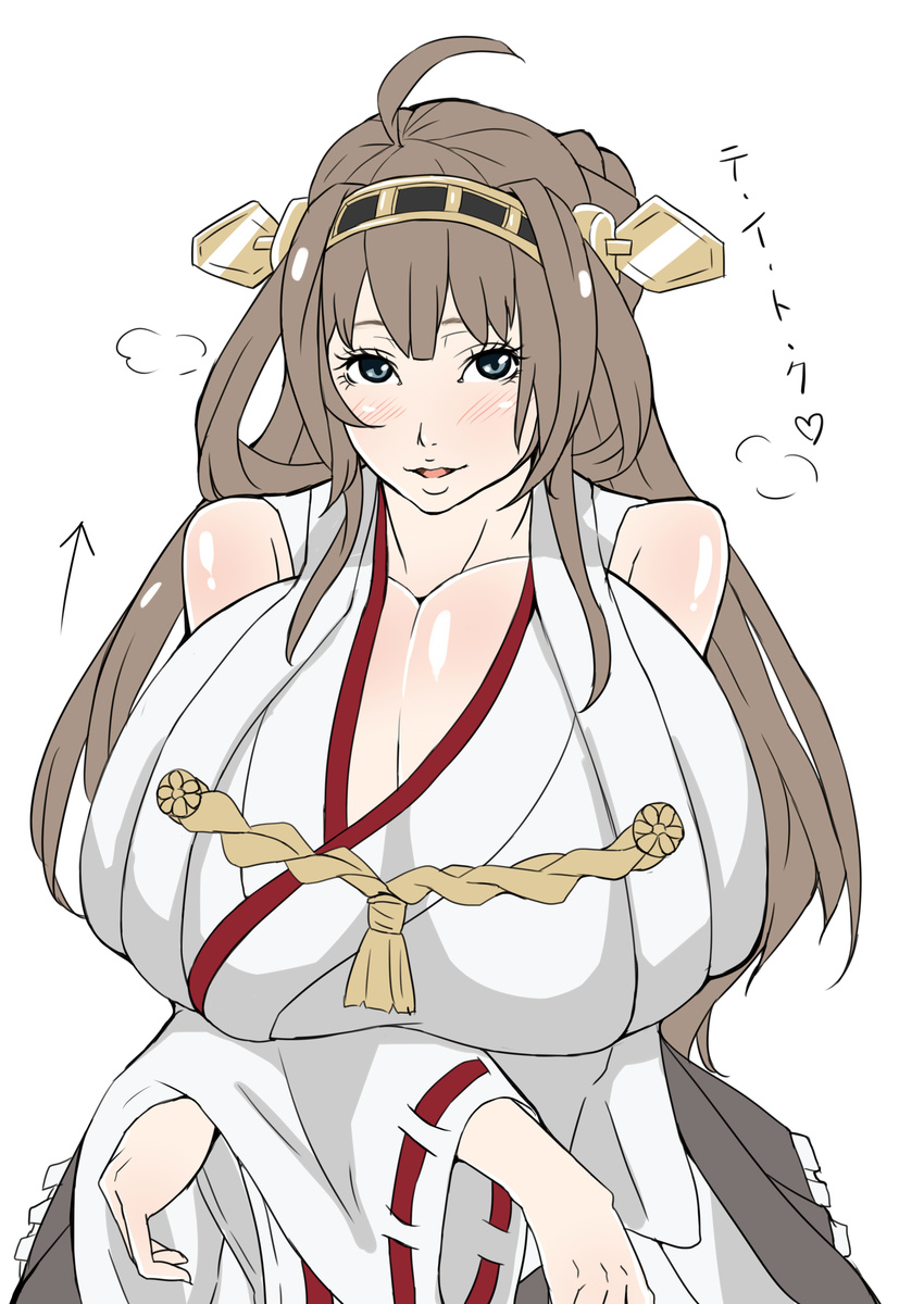 1girl absurdres bare_shoulders blue_eyes blush breasts brown_hair cleavage female gero_1992 gigantic_breasts hair_ornament highres kantai_collection kongou_(kantai_collection) long_hair looking_at_viewer shiny_skin simple_background solo white_background