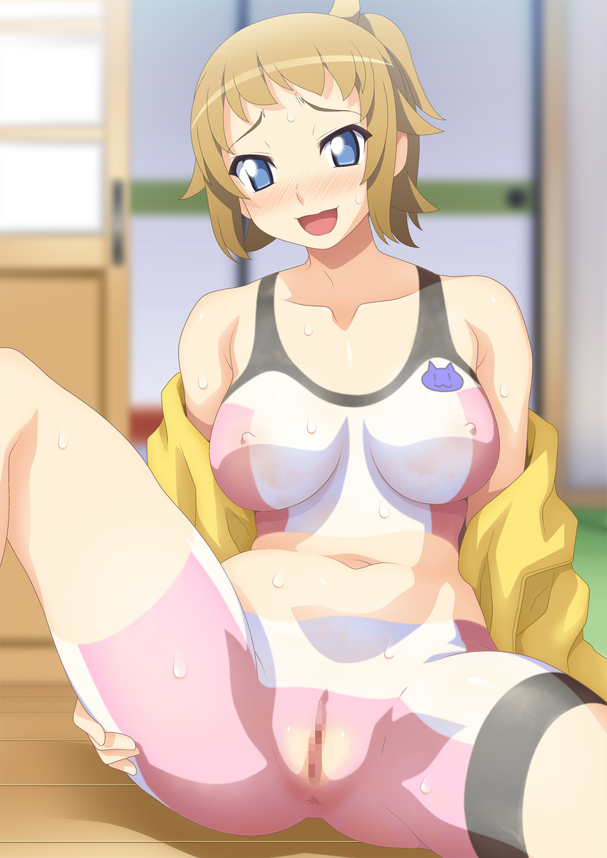 1girl anus blonde_hair blue_eyes blush bodypaint breasts censored collarbone female gundam gundam_build_fighters gundam_build_fighters_try highres hoshino_fumina jacket large_breasts legs long_hair looking_at_viewer mosaic_censoring navel open_clothes open_mouth painted_clothes ponytail pussy sitting solo studio_sunadokei sweat thighs