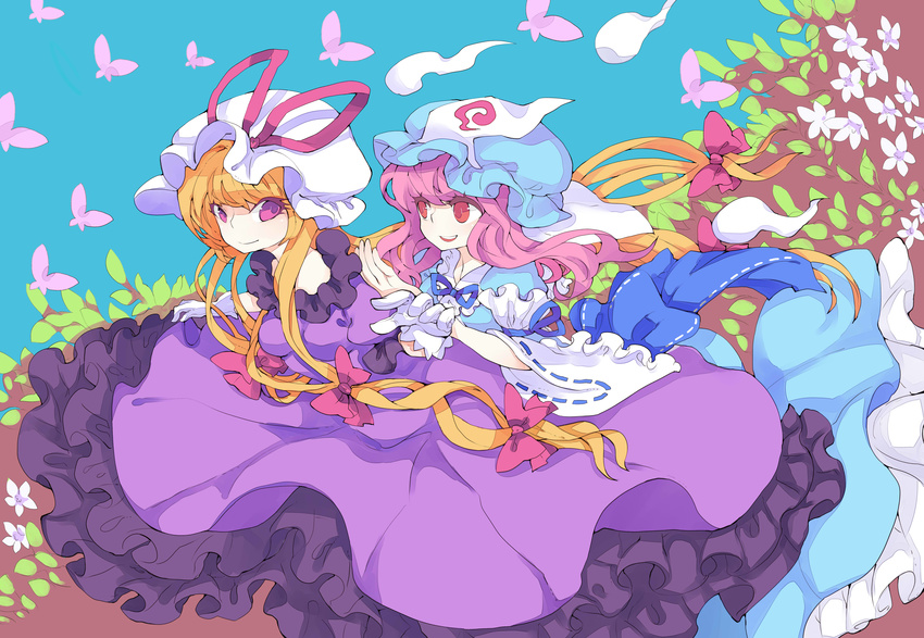 absurdres alternate_hair_length alternate_hairstyle arm_ribbon blonde_hair blue_sky breasts bug butterfly day dress flower frilled_dress frilled_kimono frills gloves hat hat_ribbon highres hitodama insect japanese_clothes kimono kusuke long_hair long_sleeves looking_at_another looking_to_the_side medium_breasts mob_cap multiple_girls obi open_mouth pink_eyes pink_hair puffy_short_sleeves puffy_sleeves purple_dress purple_eyes ribbon saigyouji_yuyuko sash short_sleeves sky teeth touhou tree triangular_headpiece veil very_long_hair white_gloves yakumo_yukari