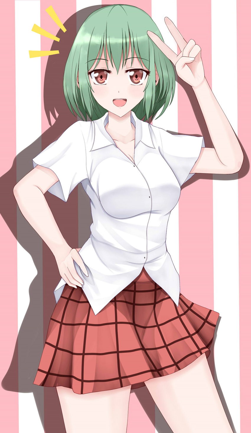 bad_id bad_pixiv_id breasts collarbone commentary green_hair highres kazami_yuuka large_breasts open_mouth red_eyes shirt short_sleeves skirt smile solo touhou v wendell