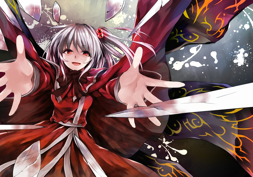 dress hair_bobbles hair_ornament highres katayama_kei long_sleeves one_side_up open_mouth outstretched_arms red_dress red_eyes shinki silver_hair smile solo touhou touhou_(pc-98)