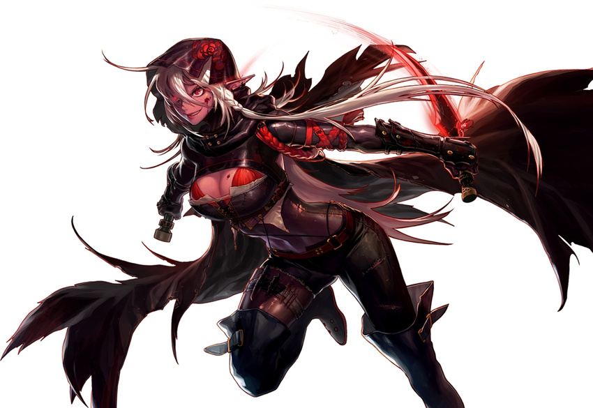 blood breasts cleavage coat dark_skin dungeon_and_fighter elf hood hoodie large_breasts long_hair pointy_ears slasher_smile solo weapon white_hair