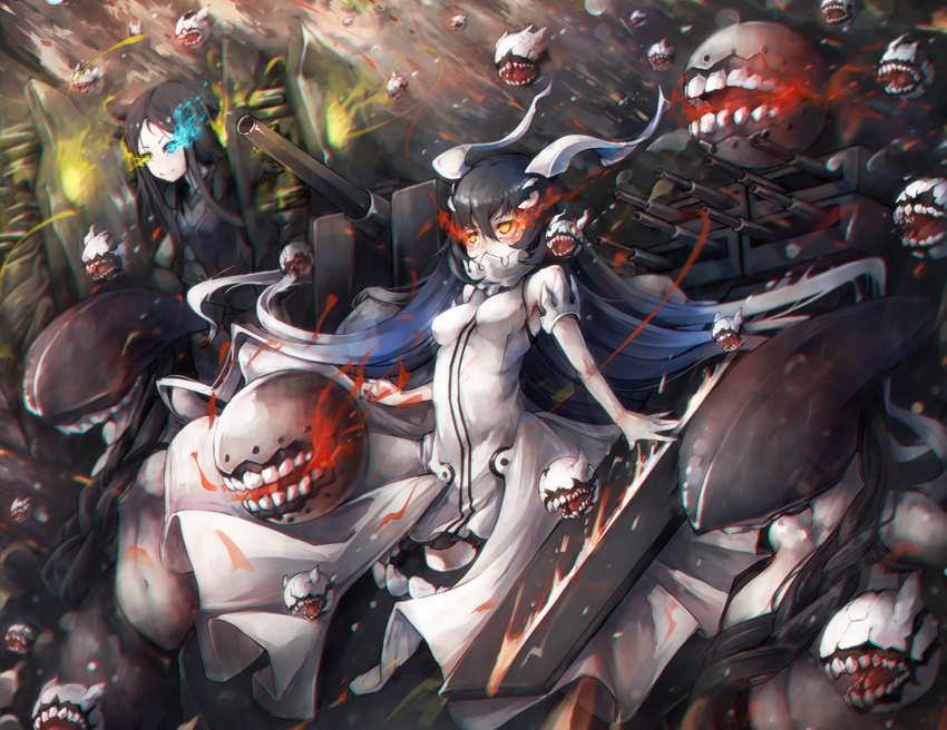 anchorage_water_oni black_hair blue_eyes burning_eyes cannon enemy_aircraft_(kantai_collection) escort_fortress_(kantai_collection) glowing glowing_eyes gradient_hair highres horns kajaneko kantai_collection machinery multicolored_hair multiple_girls red_eyes ru-class_battleship shinkaisei-kan smoke teeth turret wa-class_transport_ship yellow_eyes