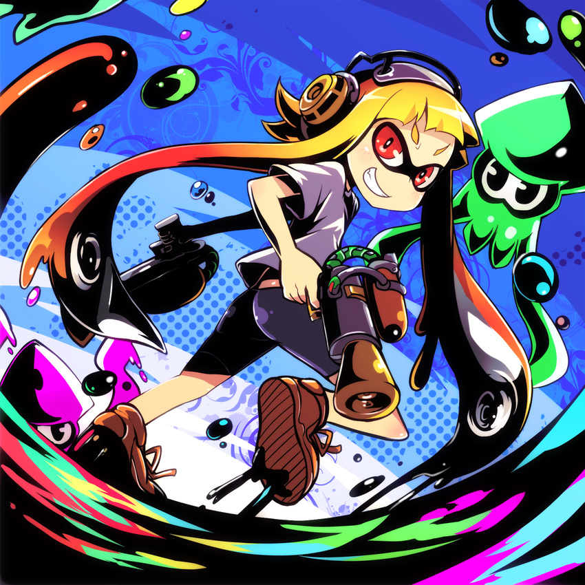 ass bike_shorts black_eyes dual_wielding grin headphones highres holding inkling looking_back midriff orange_hair pointy_ears red_eyes smile splatoon_(series) splatoon_1 squid super_soaker tentacle_hair tom_(drpow)