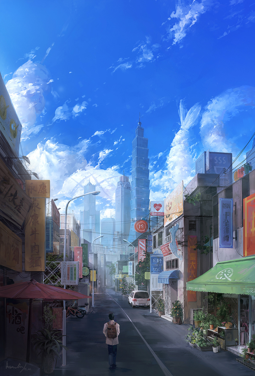 a-shacho bad_id bad_pixiv_id bicycle building car city cloud day ground_vehicle highres landmark motor_vehicle motorcycle original parasol road scenery skyline skyscraper solo street taipei_101 taiwan umbrella