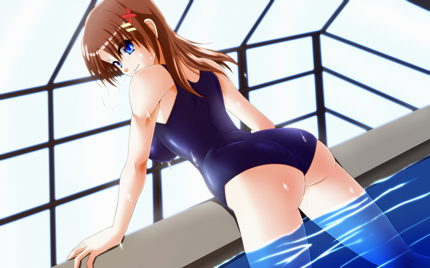 ass blue_eyes brown_hair hair_ornament highres long_hair lyrical_nanoha mahou_senki_lyrical_nanoha_force one-piece_swimsuit rei_no_pool solo swimsuit tappa_(esperanza) wading x_hair_ornament yagami_hayate