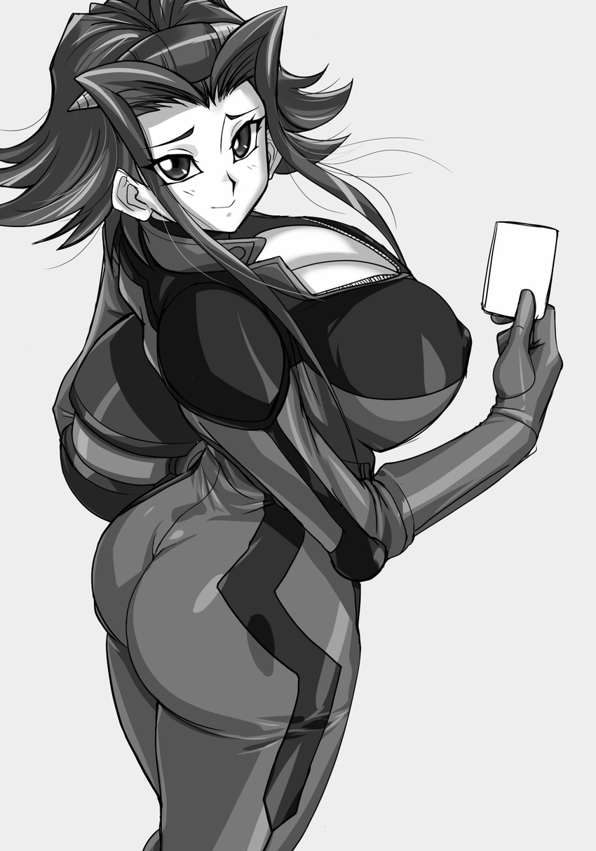 ass biker_clothes bikesuit blush bodysuit breasts card_game cleavage clothed_nipples erect_nipples female from_above hair_intakes helmet hikawadou huge_ass huge_breasts izayoi_aki large_breasts light_smile looking_at_viewer monochrome nipples solo unzipped yu-gi-oh! yuu-gi-ou_5d's yuu-gi-ou_5d's