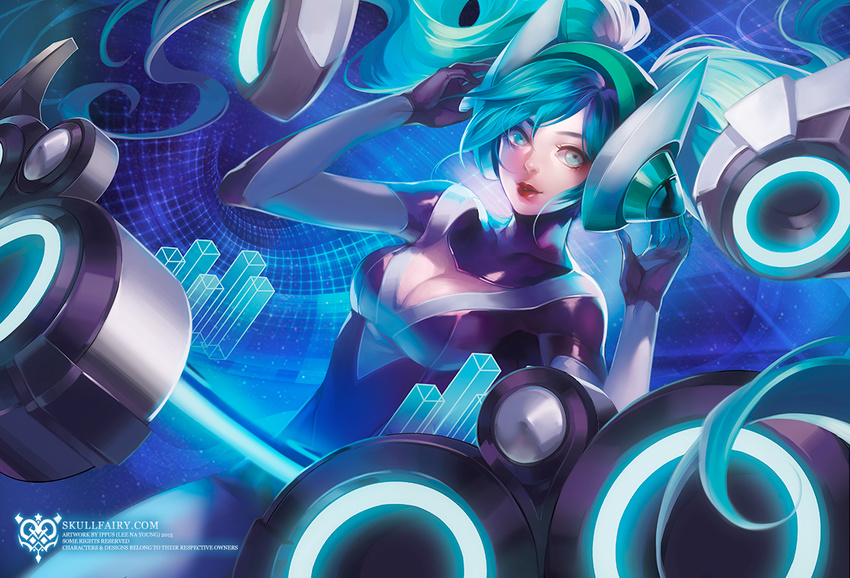 alternate_costume aqua_eyes aqua_hair bodysuit breasts cleavage dj_sona large_breasts league_of_legends lips long_hair na_young_lee skin_tight solo sona_buvelle twintails very_long_hair watermark web_address