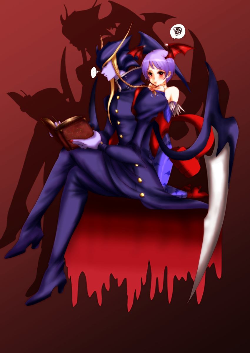 1boy 1girl bat_wings blush book demon demon_girl highres jedah_dohma kinako_(nurupoga) lilith_aensland purple_hair red_eyes short_hair sitting succubus vampire_(game) wings