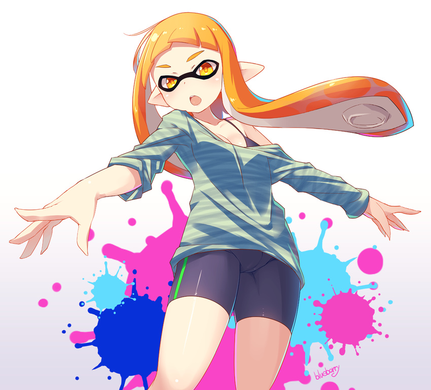 bike_shorts blueberry_(5959) blush breasts cameltoe cleavage domino_mask humanization inkling long_hair looking_at_viewer mask open_mouth orange_eyes orange_hair pointy_ears short_hair_with_long_locks sidelocks small_breasts solo splatoon_(series) splatoon_1 tentacle_hair