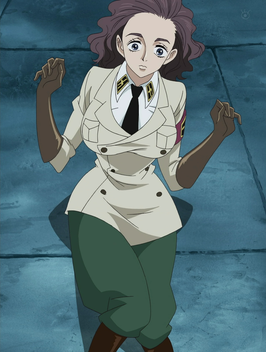 1girl brown_hair closed_mouth female genderswap gloves impel_down necktie one_piece screencap solo stitched uniform