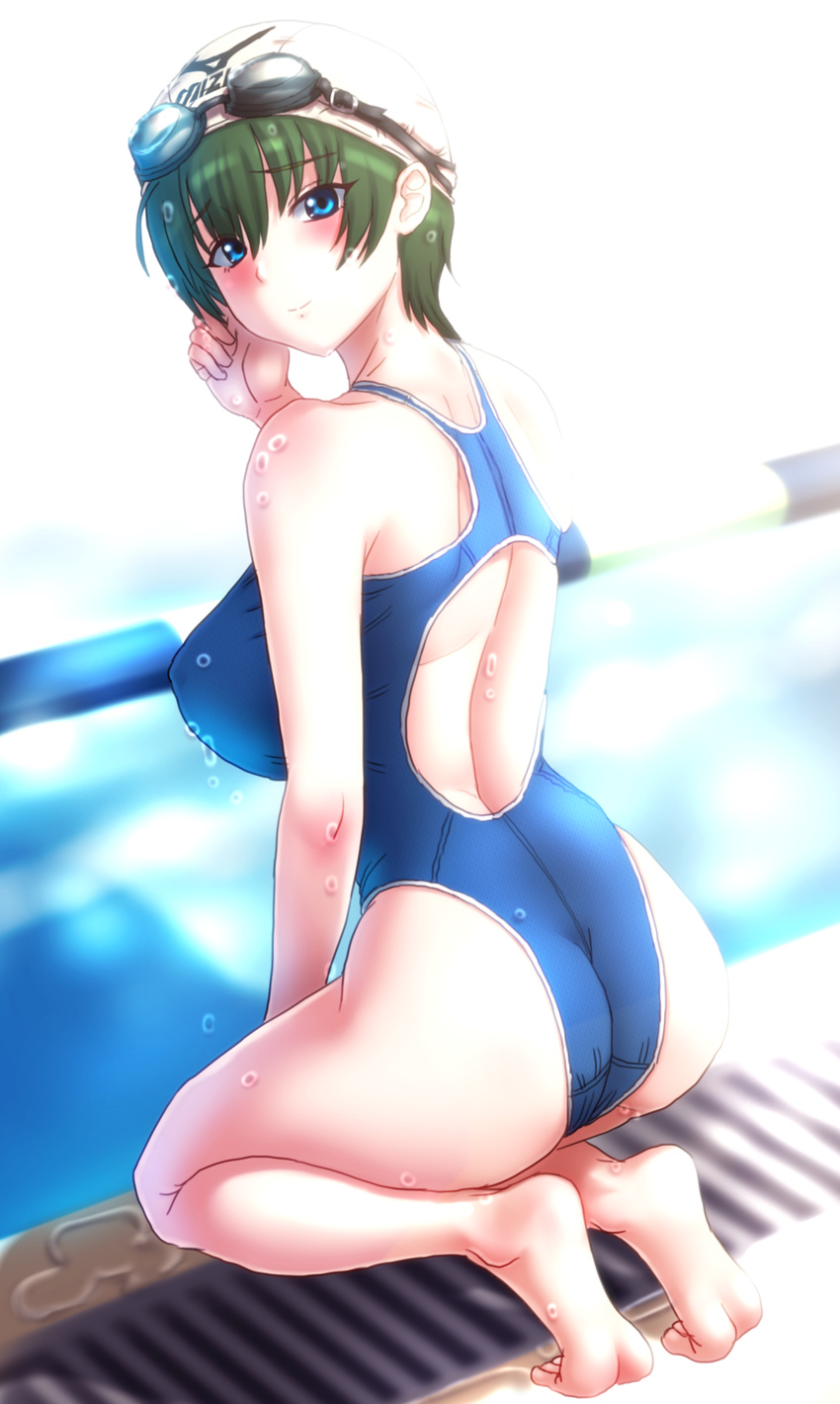 ass blue_eyes blush competition_swimsuit from_behind goggles goggles_on_head green_hair highleg highleg_swimsuit highres kezune_(i-_-i) kneeling looking_back one-piece_swimsuit original poolside short_hair smile solo swim_cap swimsuit