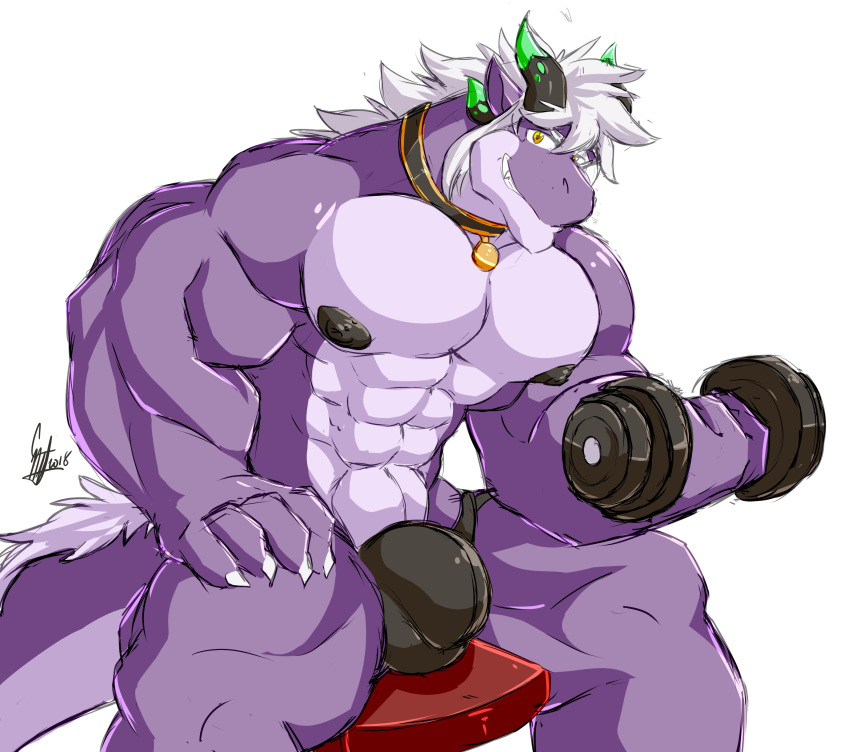 anthro bulge clothing collar daikitei dragon exercise looking_at_viewer male muscular muscular_male pecs sitting smile solo underwear weightlifting workout