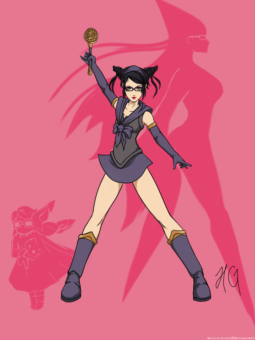alternate_costume alternate_hair_length alternate_hairstyle bayonetta bayonetta_(character) black_gloves black_hair blue_eyes boots cereza different_shadow double_bun elbow_gloves eyeshadow full_body glasses gloves highres knee_boots lipstick m-a-v-e-r-i-c-k magical_girl makeup mole mole_under_mouth pinky_out red_background sailor_collar silhouette skirt skirt_set solo spiked_hair