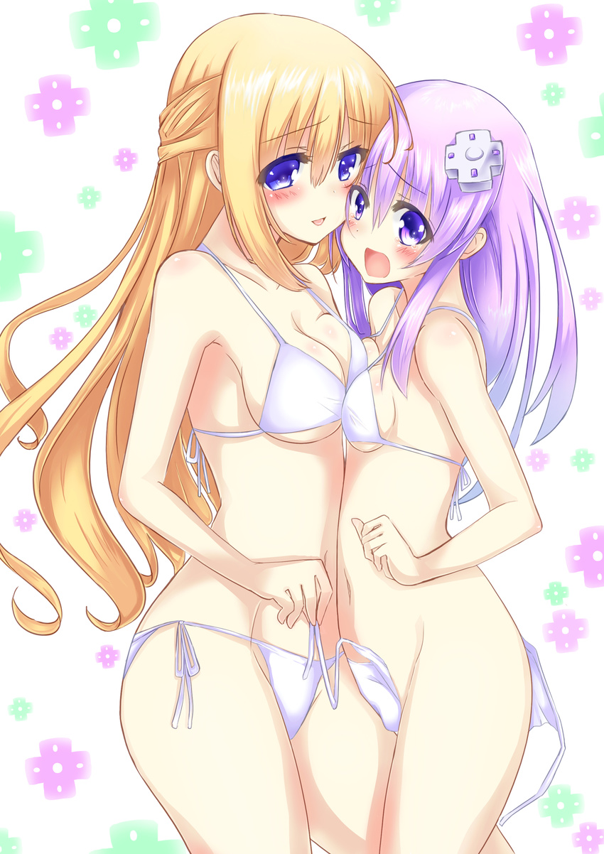 :d :o absurdres assisted_exposure asymmetrical_docking bikini blonde_hair blue_eyes blush body_blush breast_press breasts cleavage clenched_hand cowboy_shot groin hair_between_eyes hair_ornament half_updo highres long_hair lowleg lowleg_bikini multiple_girls navel nepgear neptune_(series) open_mouth purple_eyes purple_hair raised_eyebrows sideboob sidelocks small_breasts smile straddling string_bikini surprised swimsuit tears thigh_straddling underboob untied untied_bikini vert very_long_hair white_background white_bikini yuri zero-theme