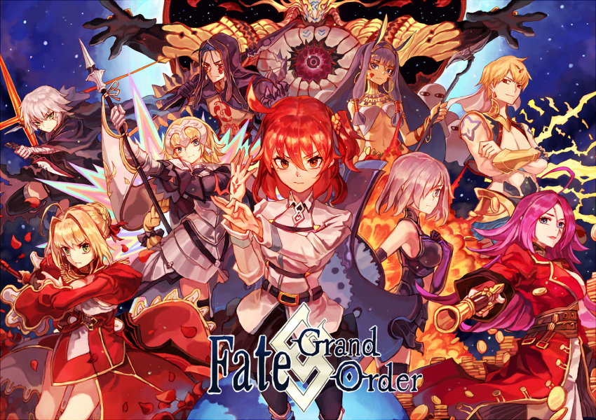 2boys 6+girls ahoge armor black_legwear black_skirt blonde_hair blue_hair bow bracelet brown_eyes brown_hair chaldea_uniform chest_tattoo closed_mouth coat command_spell copyright_name crossed_arms cu_chulainn_alter_(fate/grand_order) dagger dress earrings facial_tattoo fate/grand_order fate_(series) francis_drake_(fate) fujimaru_ritsuka_(female) gae_bolg gilgamesh gilgamesh_(caster)_(fate) goetia_(fate/grand_order) green_eyes grey_hair gun hair_bow hair_bun hair_intakes hair_ornament hair_over_one_eye hair_scrunchie highres hong_da hood hoop_earrings jack_the_ripper_(fate/apocrypha) jeanne_d'arc_(fate) jeanne_d'arc_(fate)_(all) jewelry juliet_sleeves lancer lavender_hair long_hair long_sleeves looking_at_viewer mash_kyrielight medjed monster multiple_boys multiple_girls nero_claudius_(fate) nero_claudius_(fate)_(all) nitocris_(fate/grand_order) outstretched_arms pantyhose pink_hair puffy_sleeves purple_hair red_bow red_coat red_eyes reverse_grip scar scrunchie serious shield shirt short_hair side_ponytail skirt smile spread_arms staff tattoo weapon white_shirt yellow_scrunchie
