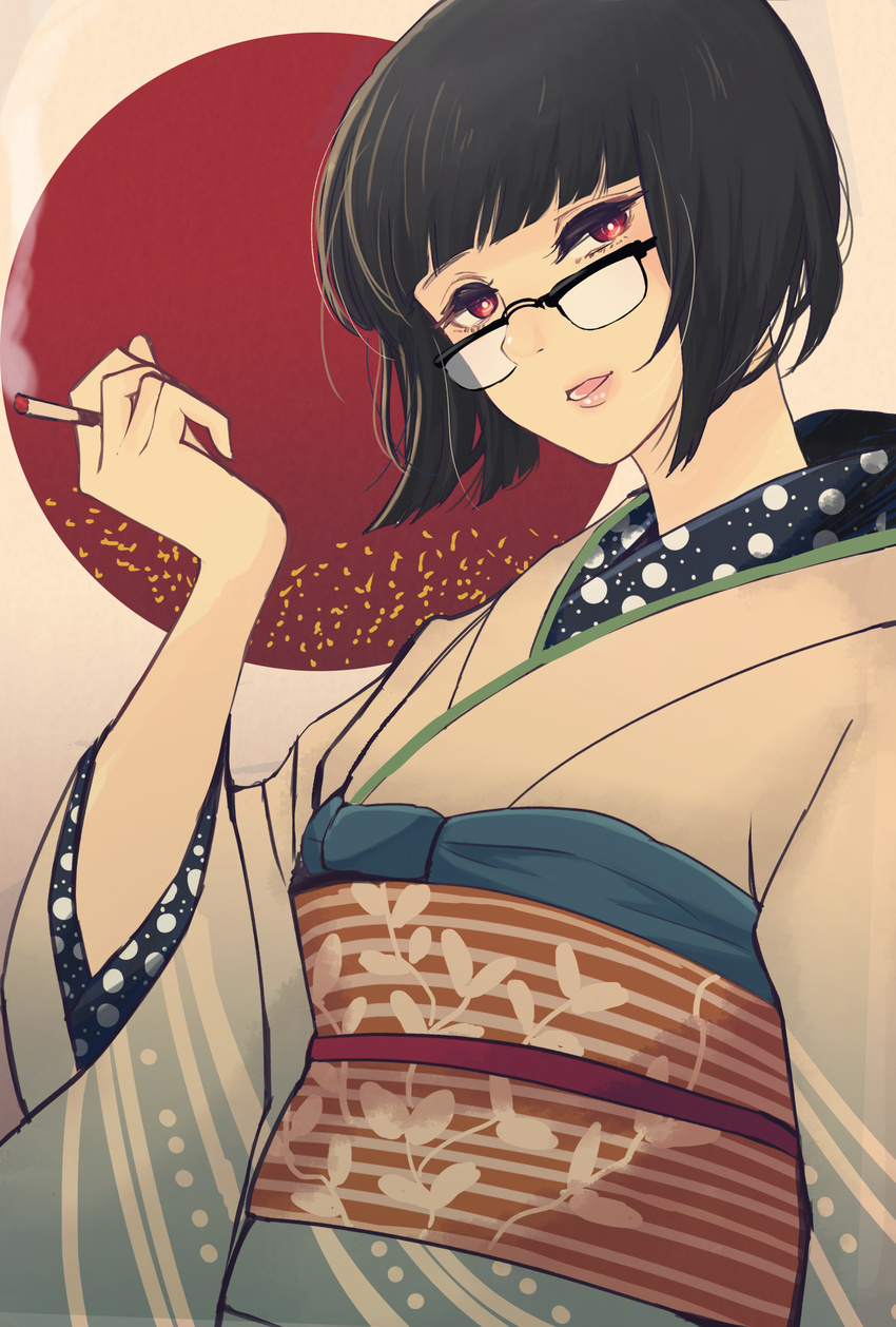 absurdres bangs bashikou black-framed_eyewear black_hair blunt_bangs cigarette glasses highres japanese_clothes kimono looking_at_viewer original over-rim_eyewear parted_lips red_eyes semi-rimless_eyewear short_hair simple_background smoke smoking solo sun