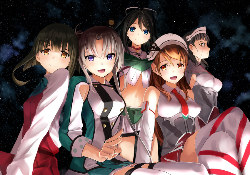 akabane_rin akitsushima_(kantai_collection) bare_shoulders black_hair blue_eyes breasts brown_eyes brown_hair crossed_legs detached_sleeves earrings glasses green_hair hair_ornament hair_ribbon hat headdress highres japanese_clothes jewelry kantai_collection katsuragi_(kantai_collection) large_breasts littorio_(kantai_collection) long_hair looking_at_viewer military military_uniform mini_hat miniskirt multiple_girls necktie open_mouth purple_eyes ribbon roma_(kantai_collection) shirt short_hair side_ponytail silver_hair skirt sleeveless sleeveless_shirt smile takanami_(kantai_collection) thighhighs twintails uniform zettai_ryouiki
