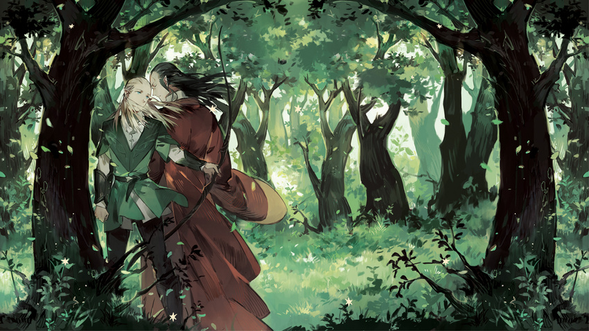 back-to-back black_hair blonde_hair bow_(weapon) closed_eyes elf elrond forest leaf legolas long_hair looking_away lord_of_the_rings male_focus multiple_boys nature pointy_ears profile starshadowmagician tree weapon wind