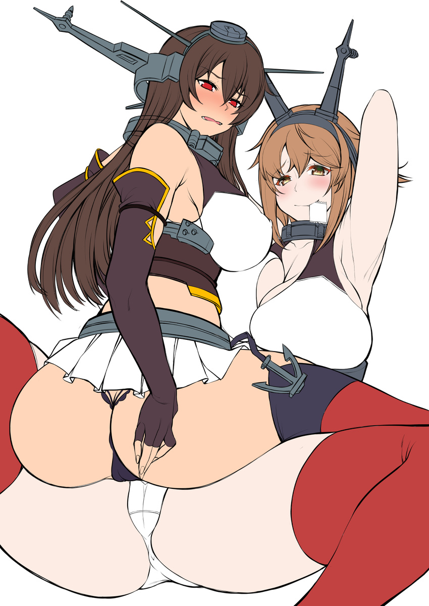 2girls armpits ass bare_shoulders blush breasts butt_crack condom condom_in_mouth erect_nipples female kantai_collection large_breasts long_hair mouth_hold multiple_girls mutsu_(kantai_collection) nagato_(kantai_collection) open_mouth otzer red_eyes short_hair smile spread_legs tagme thighhighs yellow_eyes