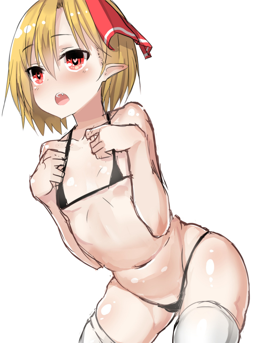 bare_shoulders blonde_hair blush bow bra breasts colorized fang greatmosu hair_bow hair_ornament heart heart-shaped_pupils highres looking_away navel open_mouth panties pointy_ears red_eyes rumia simple_background sketch small_breasts solo stomach symbol-shaped_pupils thighhighs touhou underwear underwear_only white_background white_legwear