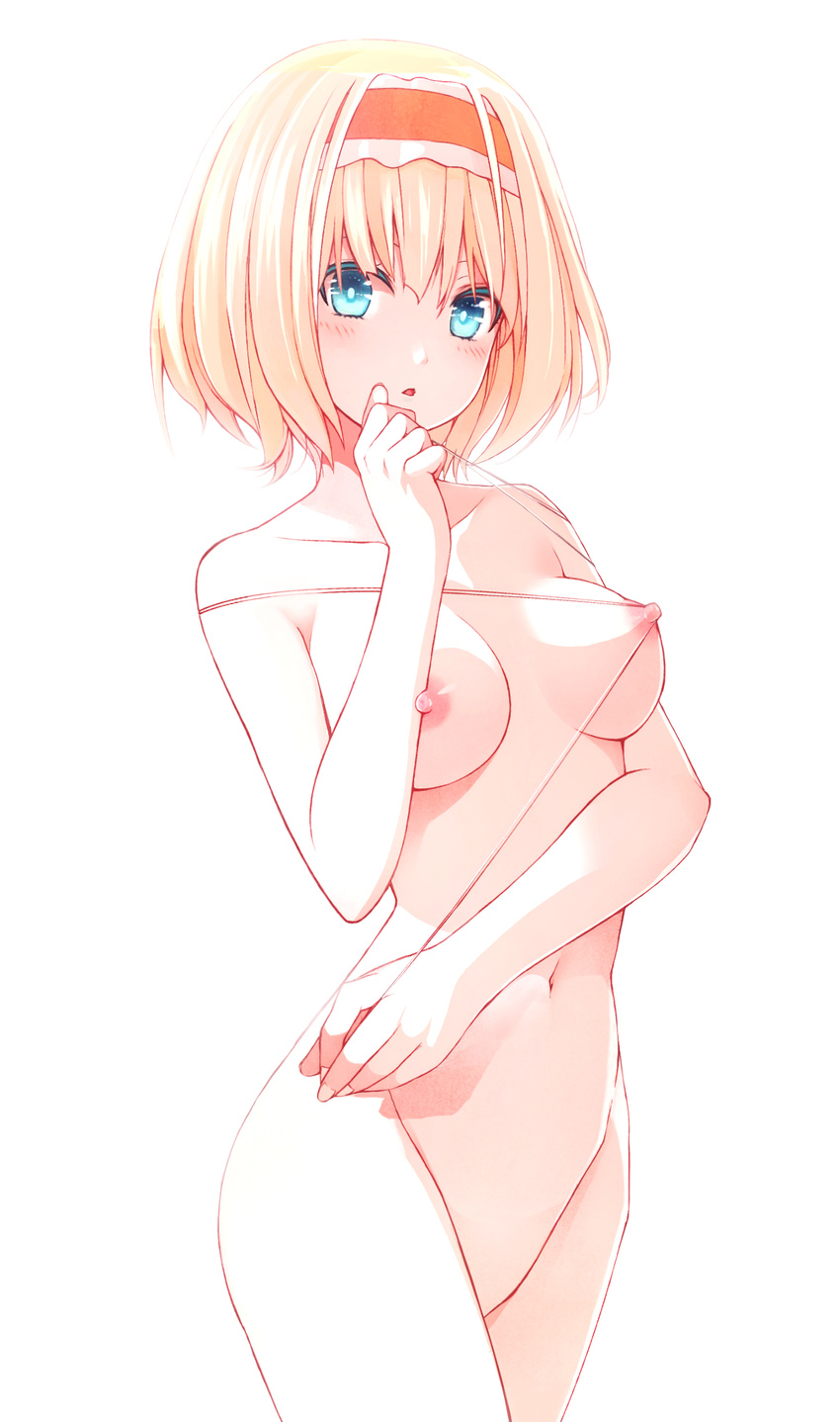 alice_margatroid blonde_hair blue_eyes blush breasts hairband highres looking_at_viewer medium_breasts mikoma_sanagi navel nipples nude short_hair simple_background solo string touhou white_background