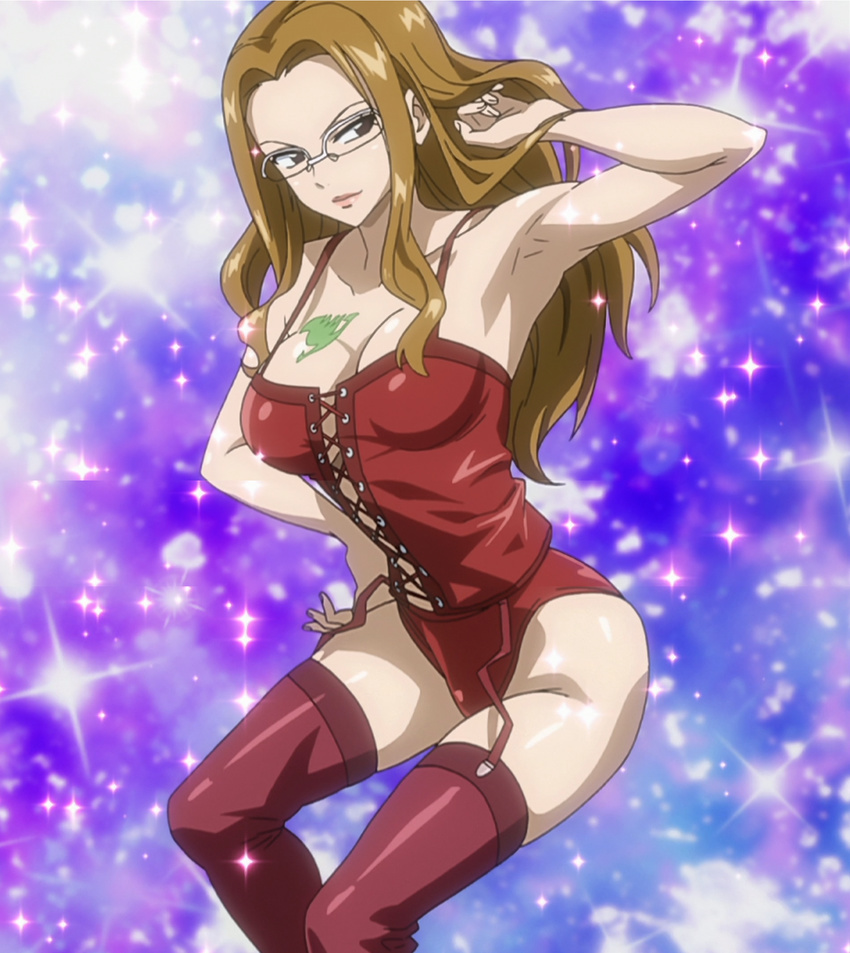 1girl breasts brown_eyes brown_hair cleavage dominatrix evergreen fairy_tail female glasses highres large_breasts latex long_hair screencap solo stitched tattoo