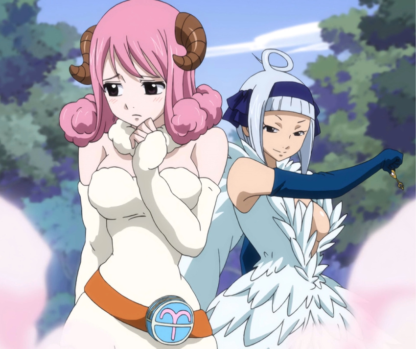 2girls angel angel_(fairy_tail) aries aries_(fairy_tail) black_eyes blush breasts brown_eyes cleavage fairy_tail feathers fur highres horns key large_breasts multiple_girls pink_hair short_hair silver_hair smile smoke stitched white_hair