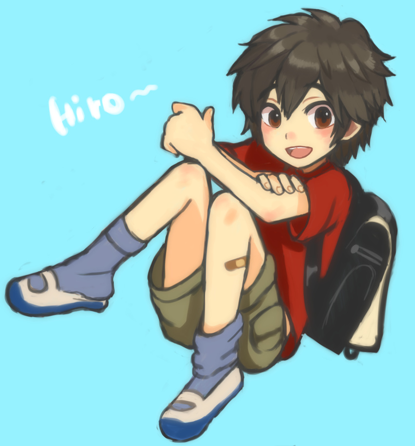 backpack bad_id bad_pixiv_id bag bandaid big_hero_6 brown_eyes brown_hair character_name full_body hiro_hamada male_focus ogura_(sao_no) open_mouth randoseru shorts smile solo