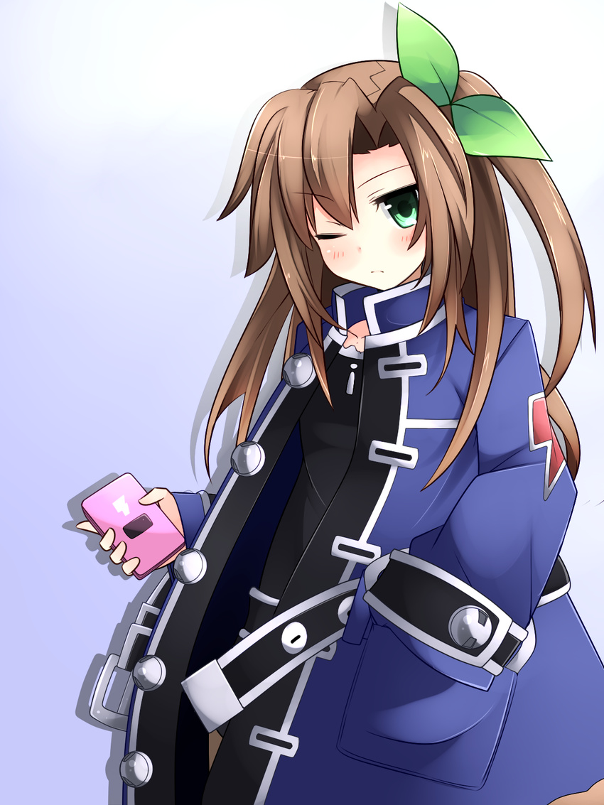 brown_hair cellphone flat_chest green_eyes hair_ornament hand_in_pocket highres if_(choujigen_game_neptune) jacket long_hair neptune_(series) one_eye_closed open_clothes open_jacket oversized_clothes phone smartphone solo warabi_mochi_(ehimedaisuki)
