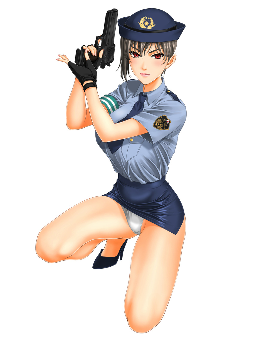 bad_id bad_pixiv_id breasts brown_hair desert_eagle female_service_cap fingerless_gloves gloves gun handgun hat high_heels highres holding holding_gun holding_weapon large_breasts looking_at_viewer muryuuin_tayun necktie one_knee original panties pistol police police_uniform policewoman red_eyes smile solo trigger_discipline underwear uniform weapon