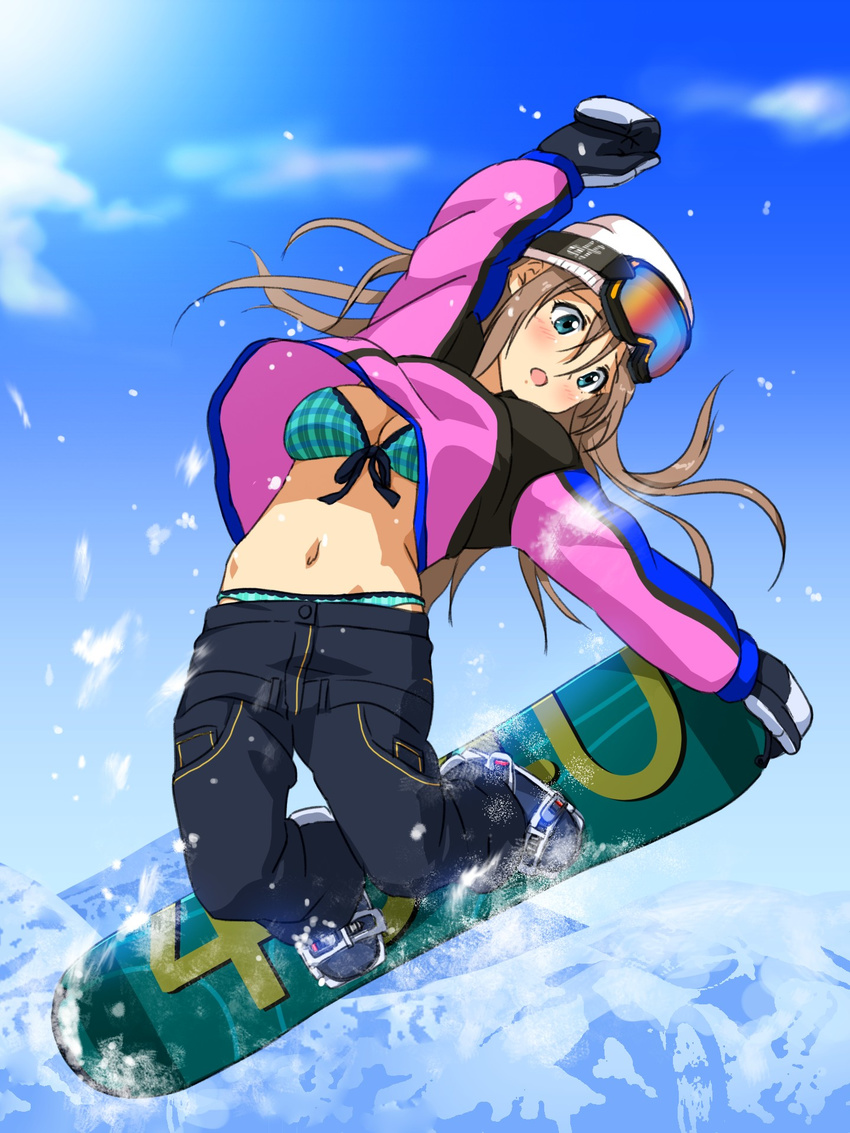 :o blue_eyes blush bra breasts brown_hair cleavage coat gloves goggles goggles_on_head hat highres medium_breasts navel original panties pants sanshita snow snowboard snowboarding solo underwear upshirt