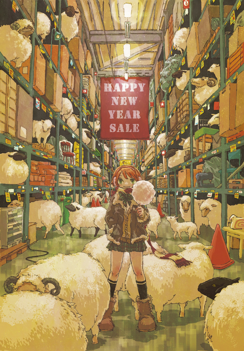 ahoge animal bangs black_legwear boots bow bowtie box cable cardigan chair coat cotton_candy earmuffs eating english food fur_trim green_eyes hand_in_pocket happy_new_year harumushi highres holding holding_food indoors kneehighs lamp legs_apart long_sleeves looking_at_viewer miniskirt new_year newton's_cradle orange_hair original plaid plaid_skirt sale scarf sewing_machine sheep shelf short_hair sign skirt sleeping_bag smile solo standing storage_room striped striped_scarf too_many traffic_cone warehouse winter_clothes